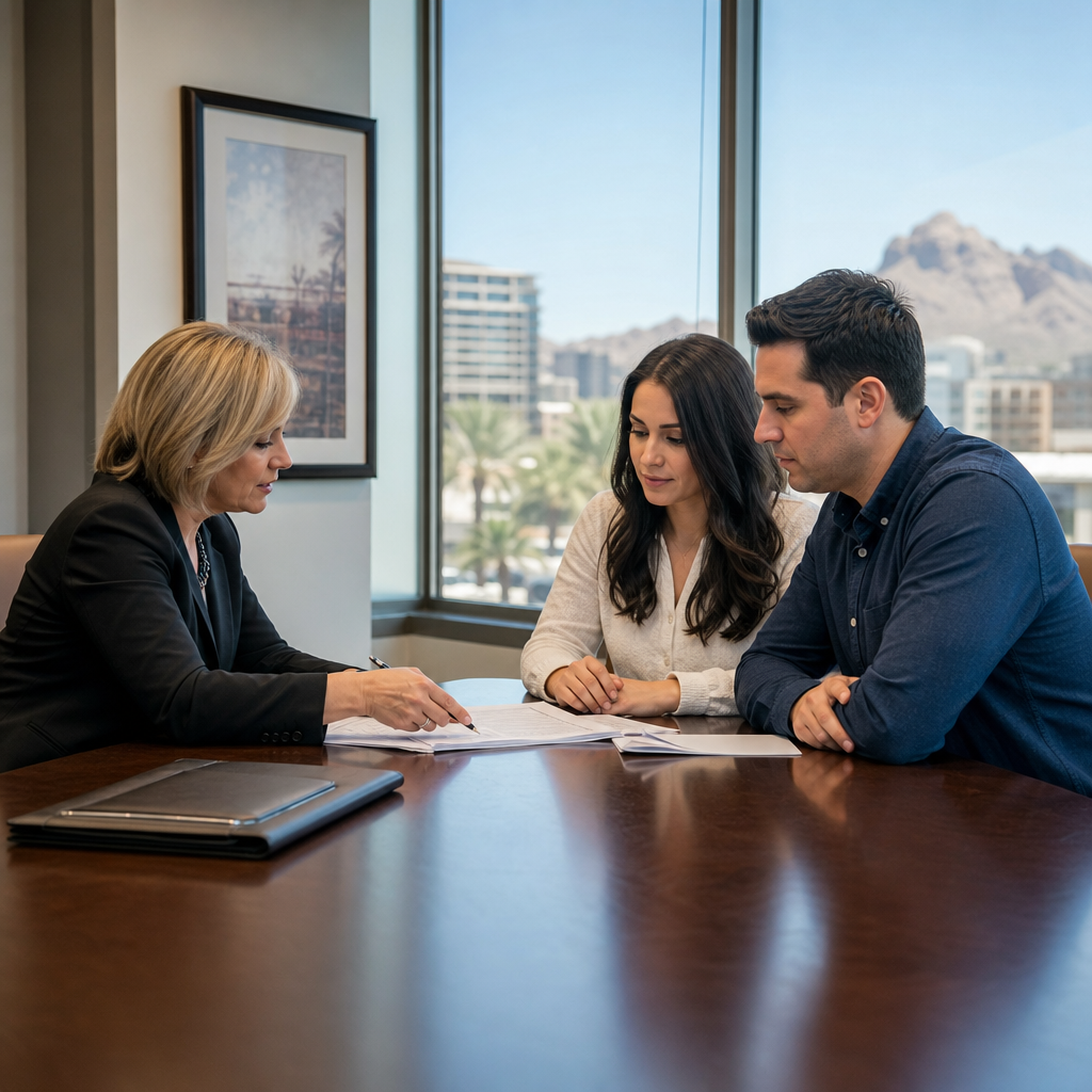 A professional closing table with lender representative, borrower, and title officer reviewing docum
