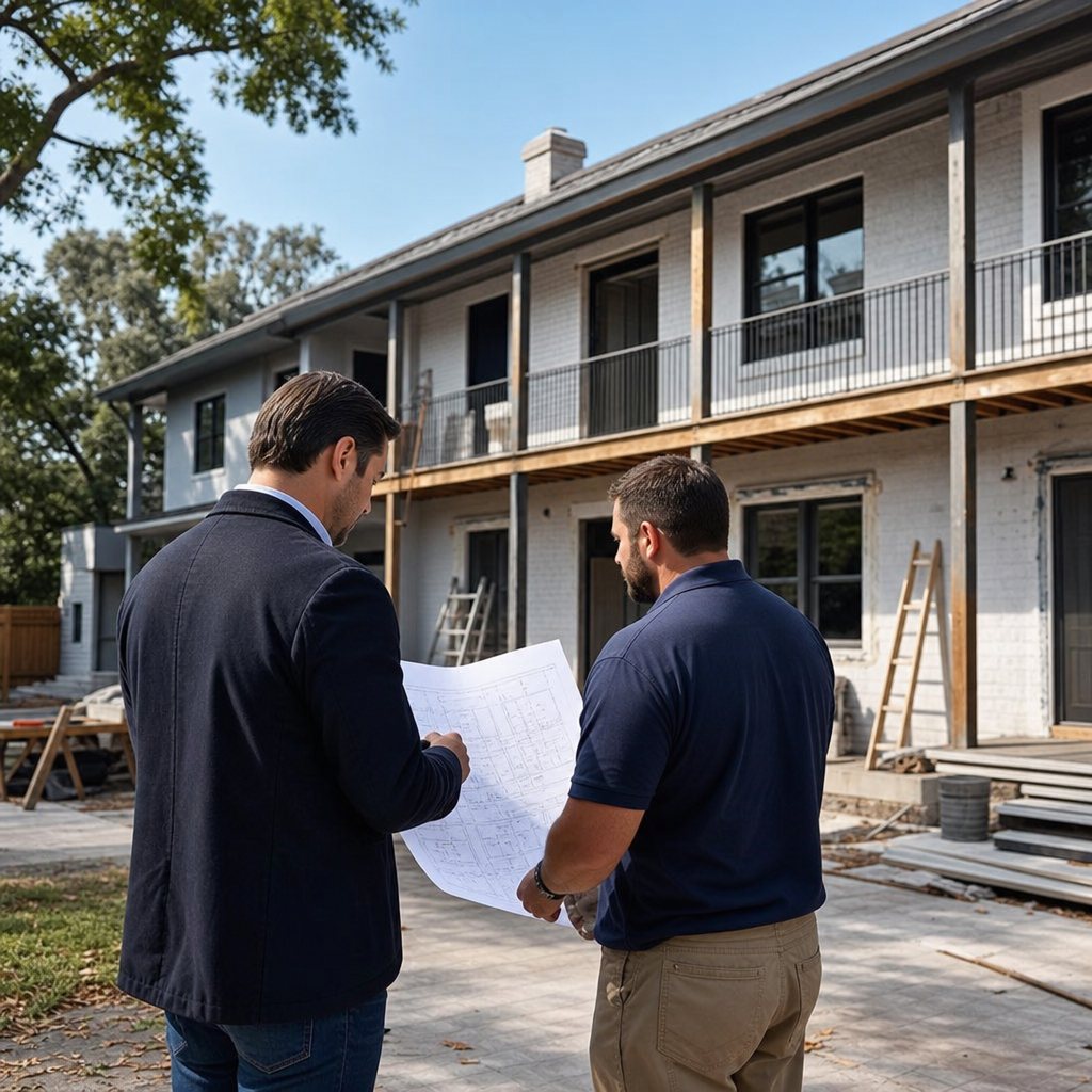 A professional photo realistic image of a small multi unit property undergoing exterior rehab with a