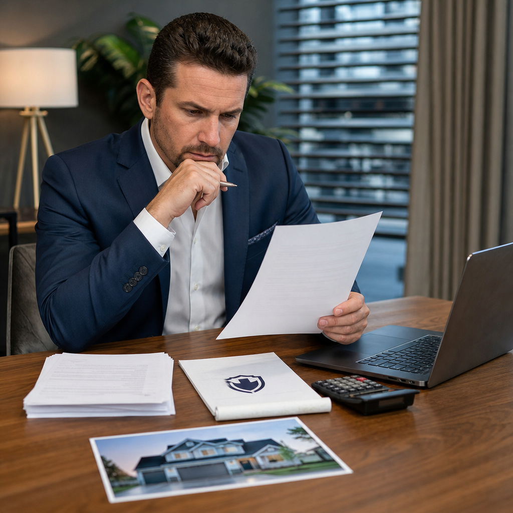 Photo realistic image of a real estate investor evaluating lender term sheets at a desk with a calcu