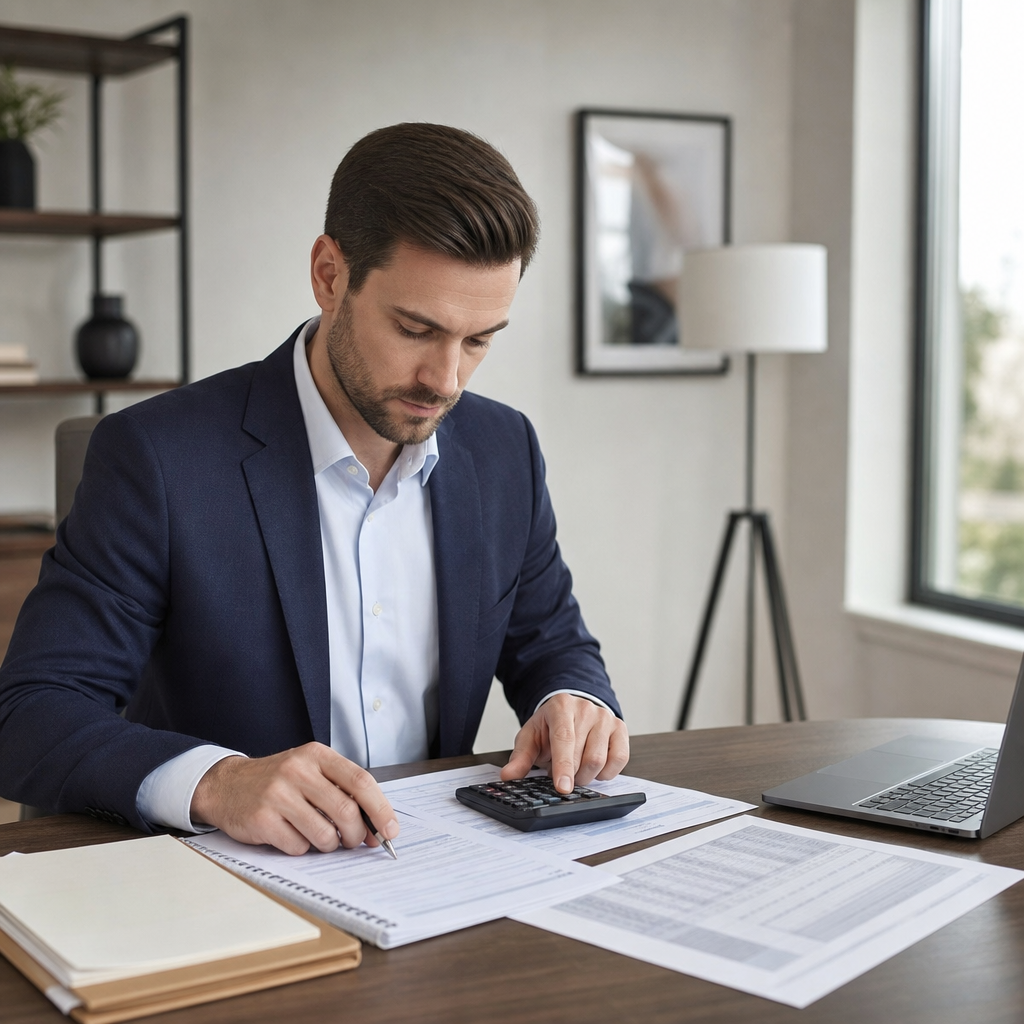 Investor at a desk calculating DSCR with a printed rent roll, amortization schedule, calculator, and