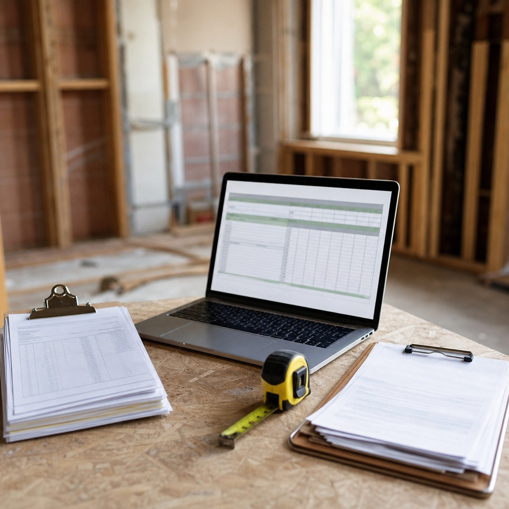 Photo realistic image of a residential rehab site with contractor bids on a clipboard, a one page re