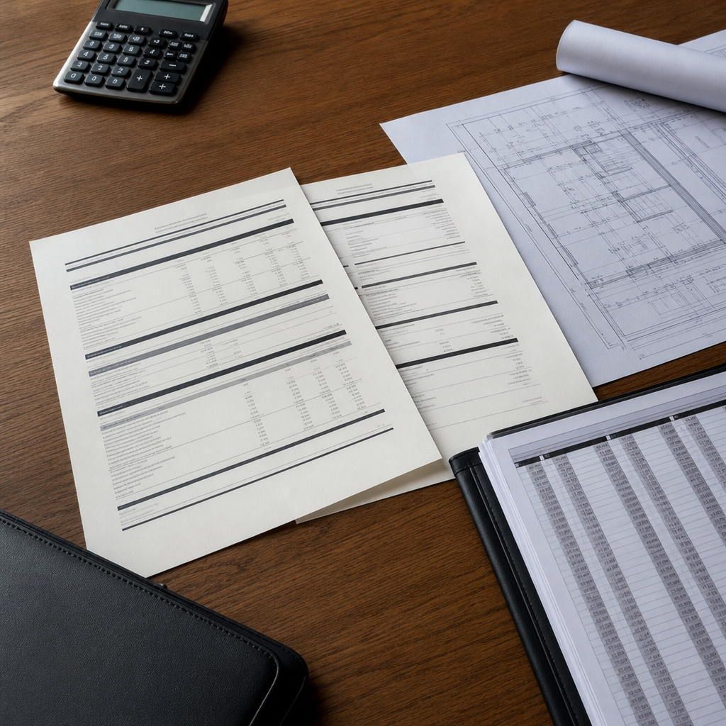 Photo realistic image of two lender term sheets and a spreadsheet on a desk, with a calculator and a