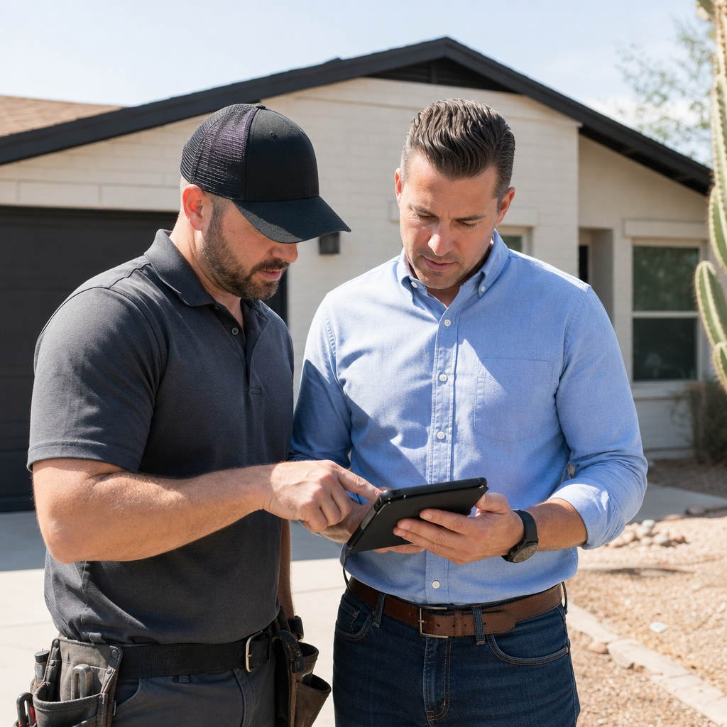 Professional photo of a contractor and investor reviewing a detailed line item rehab budget on a tab