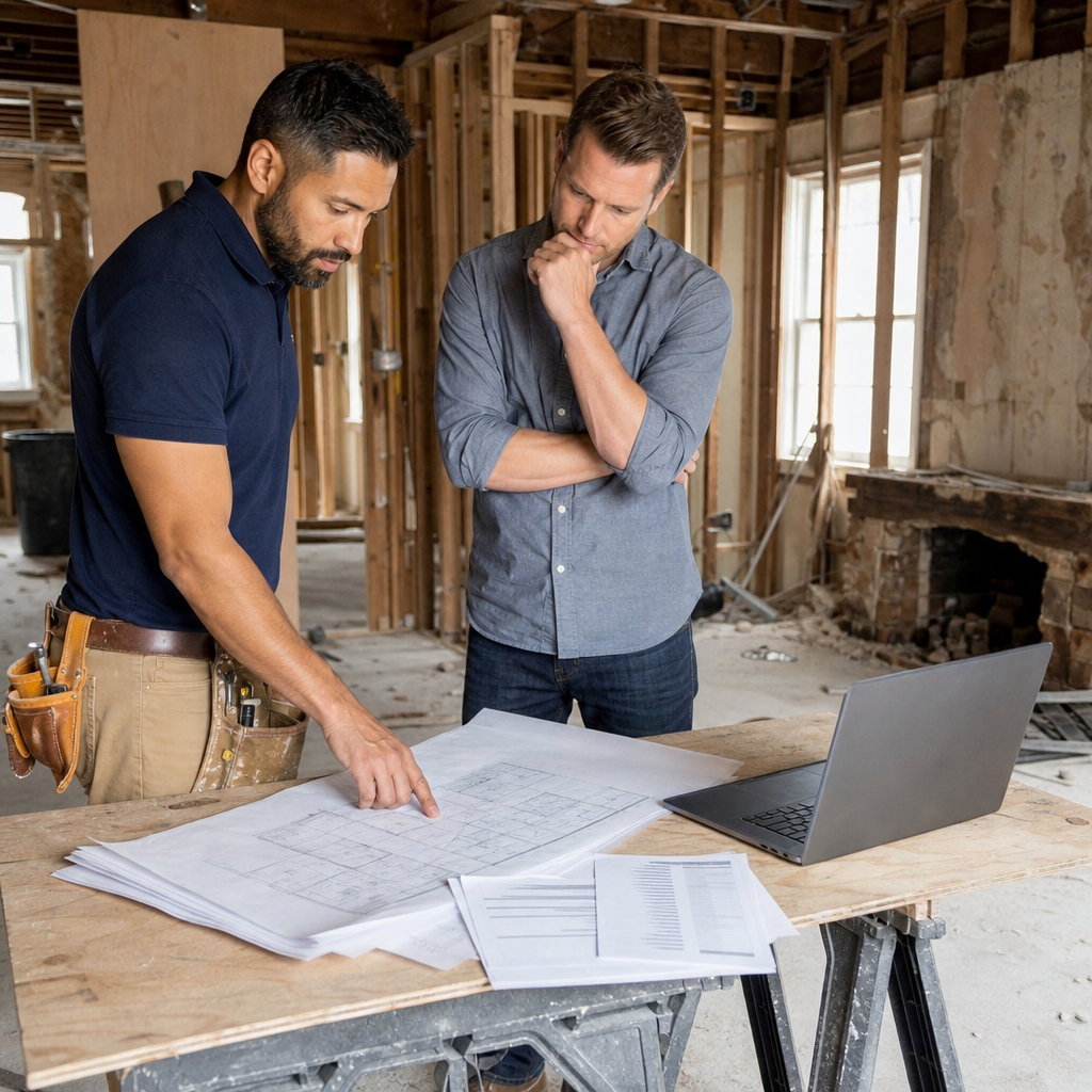 Photo realistic image of a contractor and investor reviewing a rehab budget and draw sheet at a work