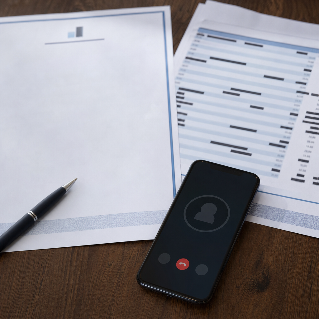 Photorealistic close-up of a printed proof of funds letter on bank letterhead beside a redacted bank