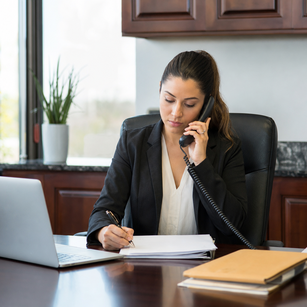 Professional signing or verifying financial documents at a title company desk, agent on phone verify