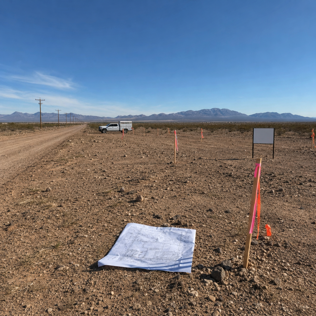Photo realistic image of a vacant desert parcel in Arizona with survey stakes, a portable white surv