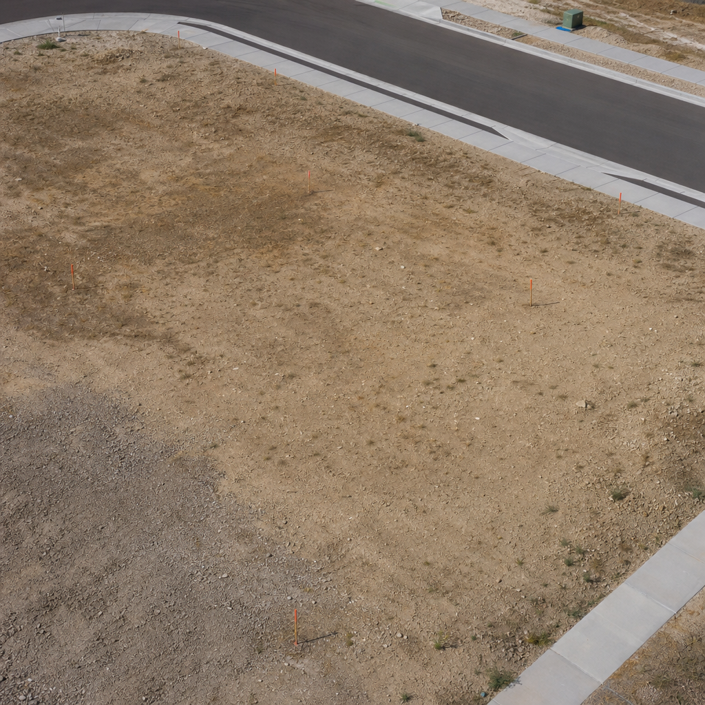 Aerial photo realistic image of a raw vacant lot with survey stakes and a nearby paved road, profess