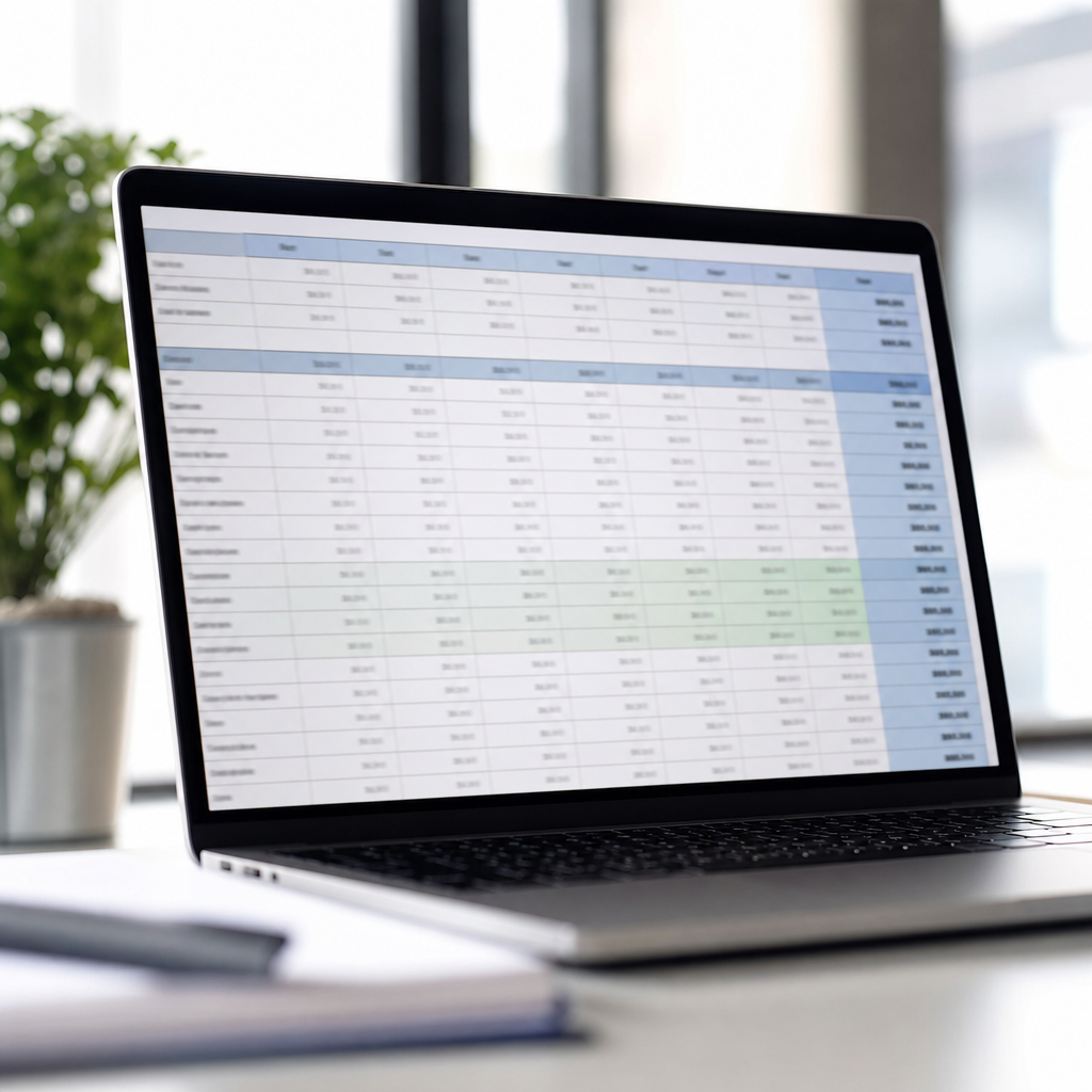 Close up photo realistic image of a laptop screen showing a spreadsheet with DSCR calculation column
