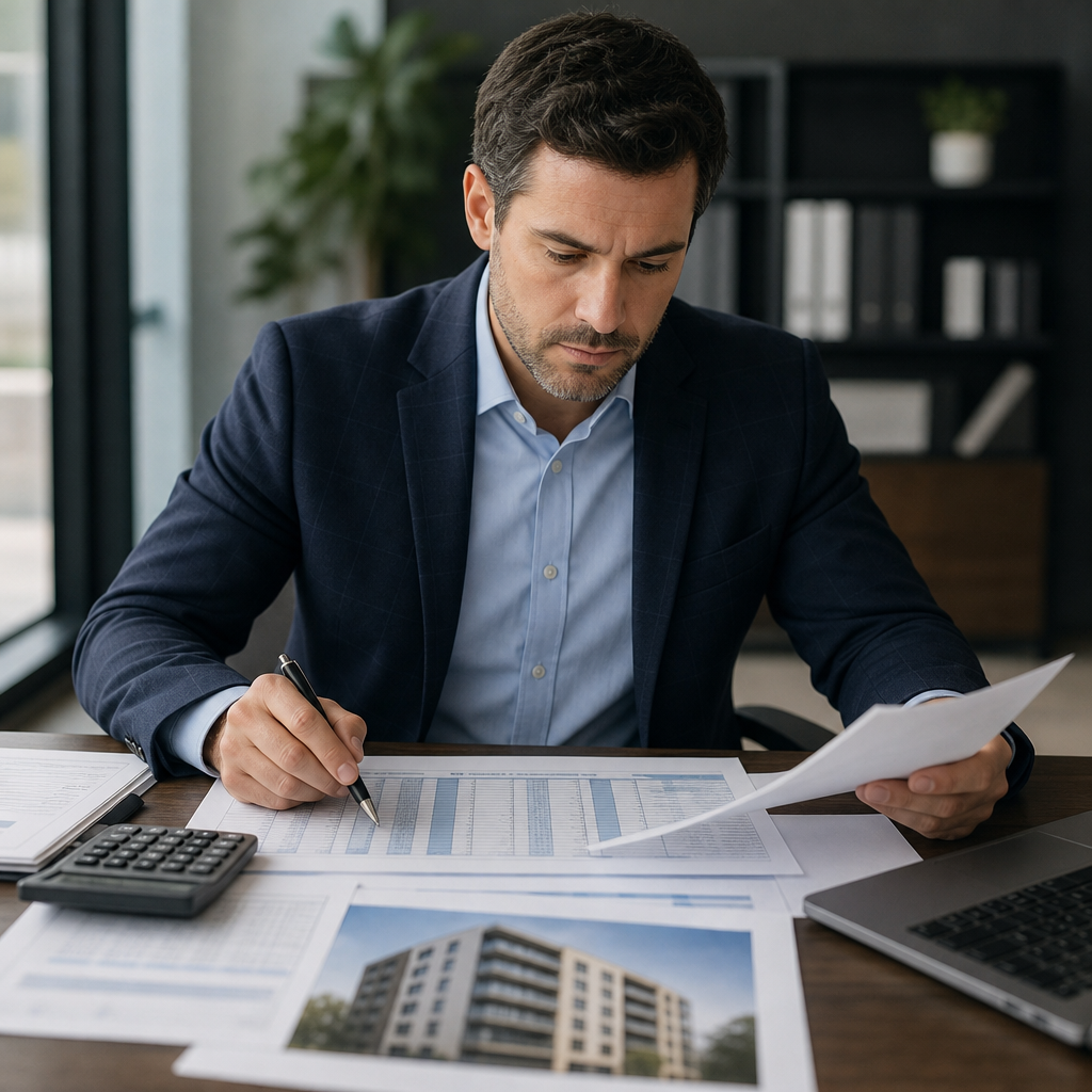 Professional underwriter at a desk reviewing financial spreadsheets and a rent roll with a calculato