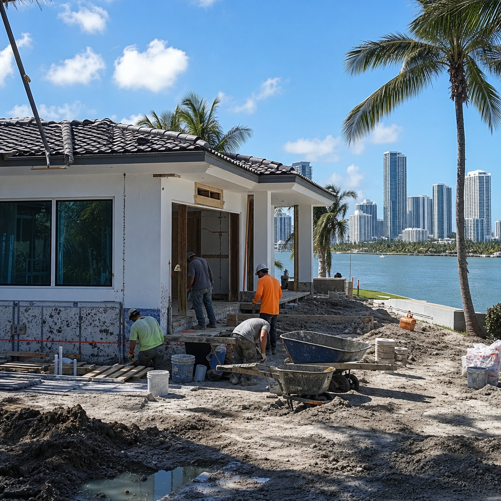 Photo-realistic image of a Miami single-family home under renovation with construction crew, visible
