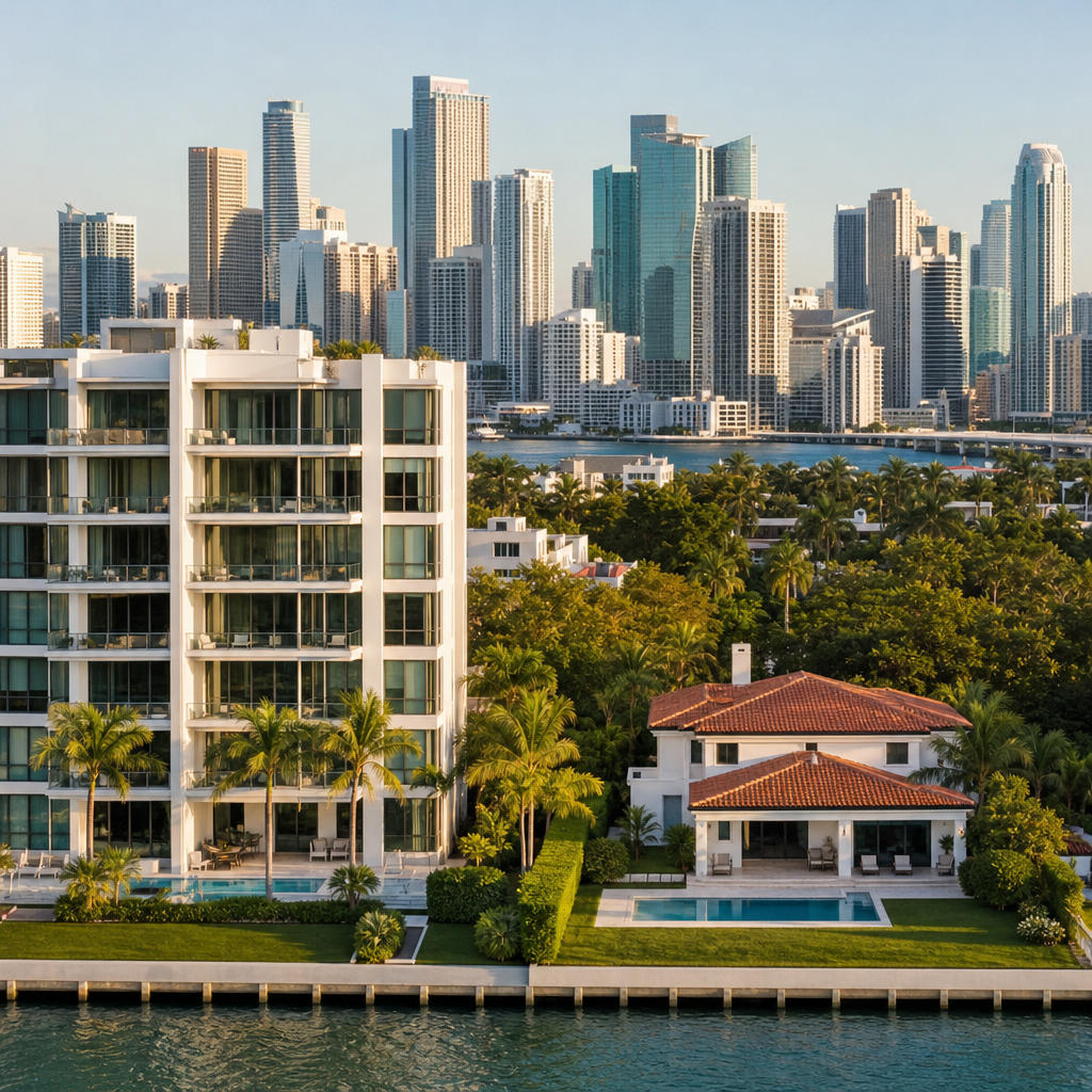 Photo realistic image of a Miami skyline with a focus on a neighborhood condo and a single-family ho