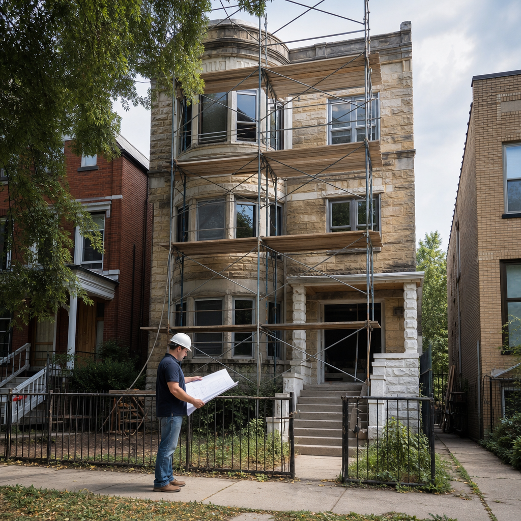 Photo realistic image of a Chicago two flat under renovation with scaffolding and a contractor revie
