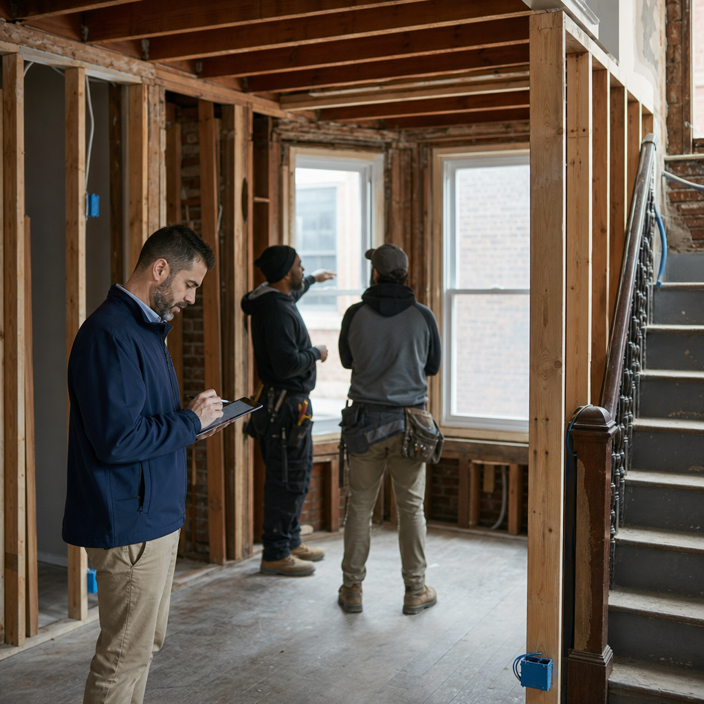 Photo realistic image of a mid rehab Chicago two flat with contractors inspecting progress, permit p