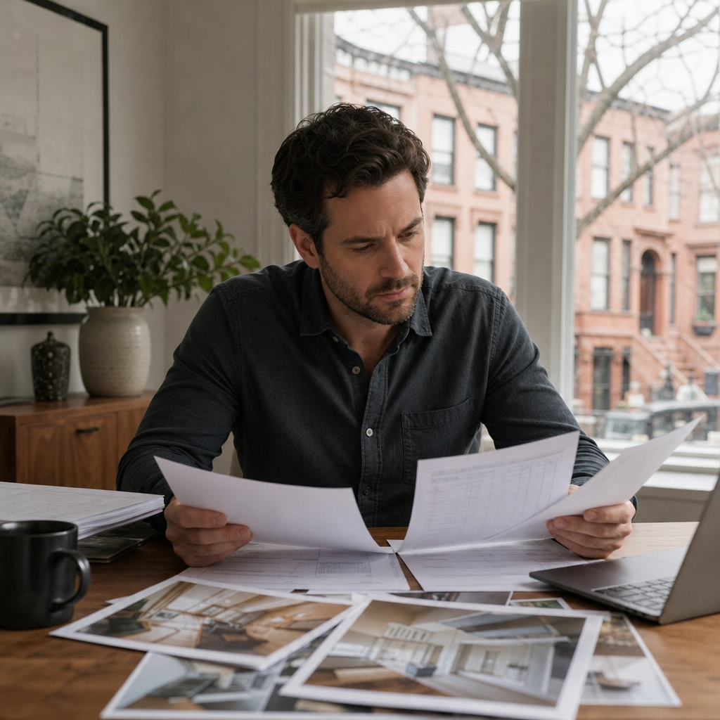 Photo realistic image of a real estate investor reviewing contractor bids and a loan estimate at a k