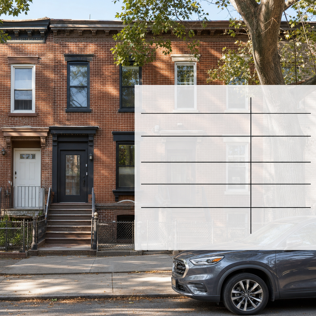 Photo realistic image of a two family brick rowhouse in Brooklyn with overlay text style showing a s