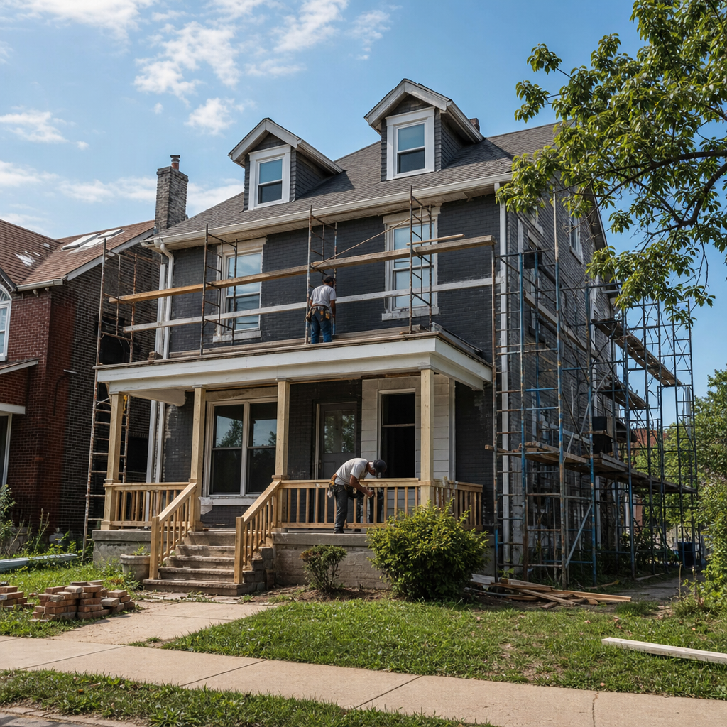 Photo-realistic image of a Michigan urban rehab property with scaffolding and contractors working, m