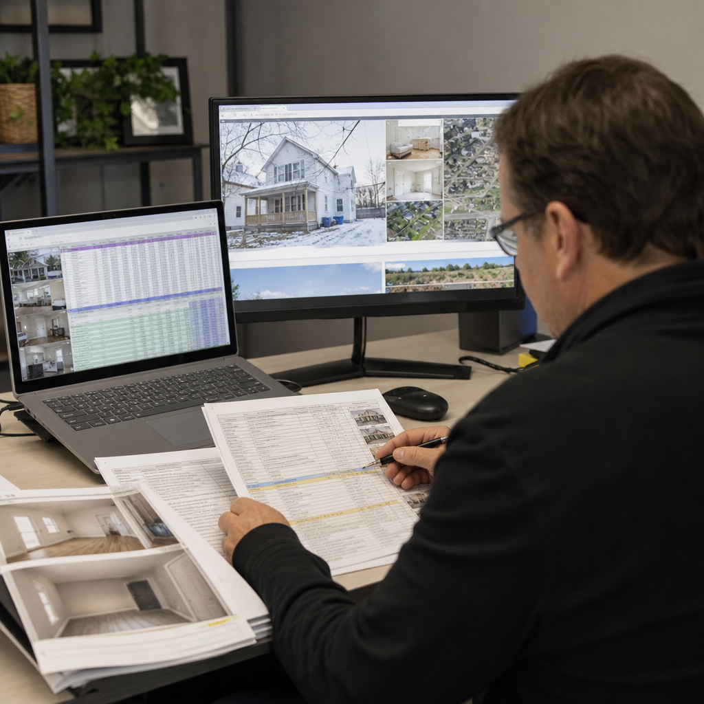 Photorealistic image of a Michigan real estate investor at a desk preparing a hard money loan applic
