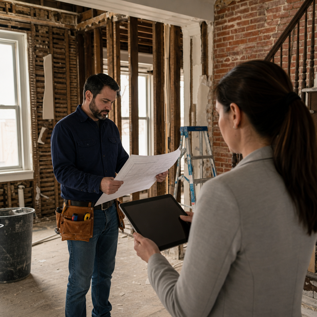 Photo realistic image of a New Jersey row house under renovation with a contractor reviewing plans