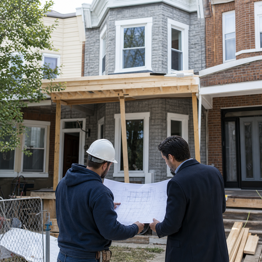 Professional photo of a New Jersey urban rowhouse under renovation with contractor and investor revi