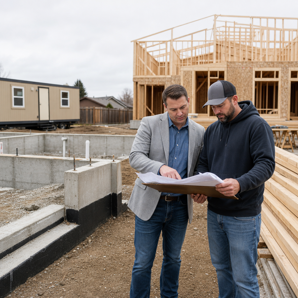 Photorealistic image of a duplex construction site in a suburban lot with an investor and general co