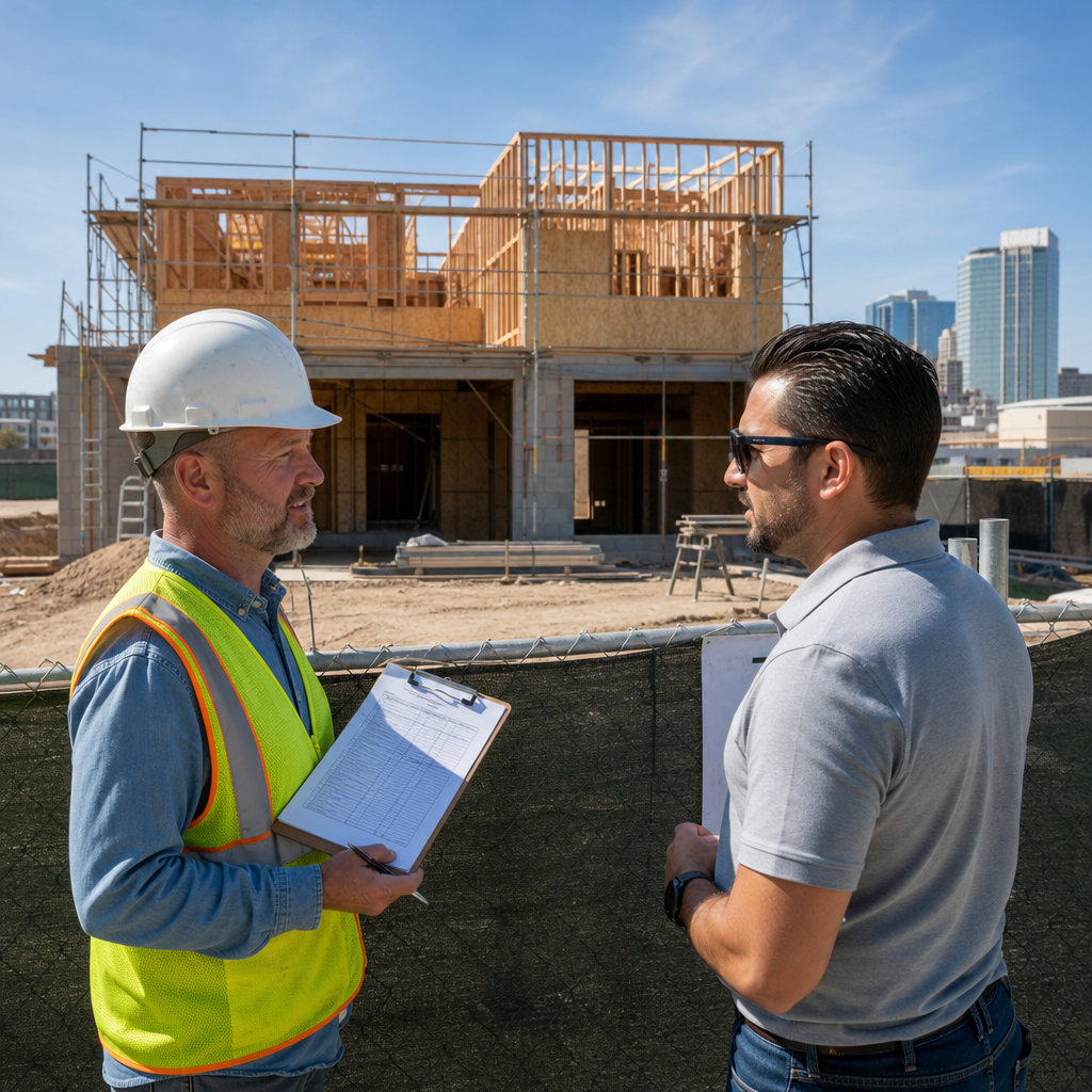 Photorealistic image of a construction site for a two unit duplex with contractor meeting lender ins