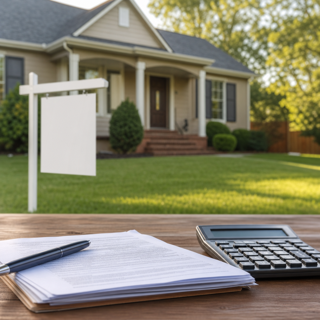 Professional photo realistic image of a foreclosure auction sign in front of a single family home wi