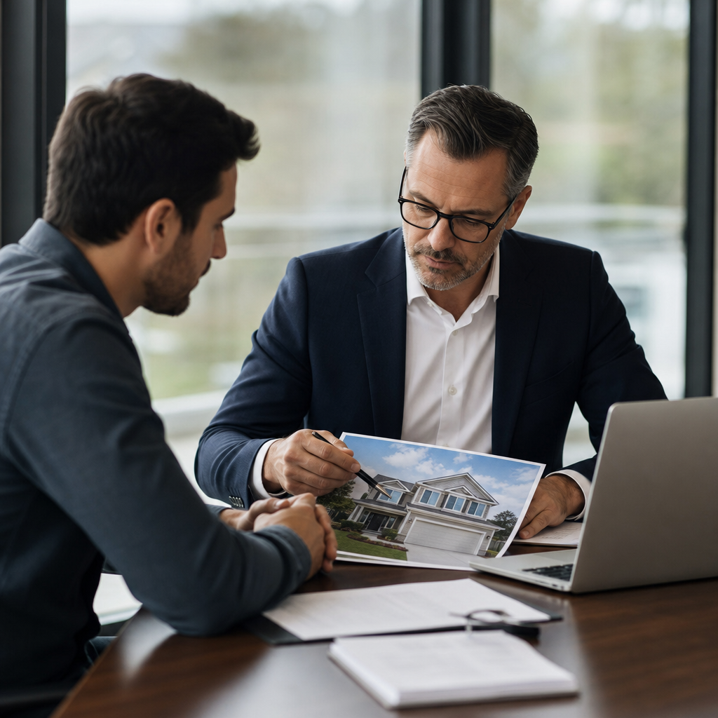 Photo realistic image of a lender and property investor at a conference table reviewing loan documen