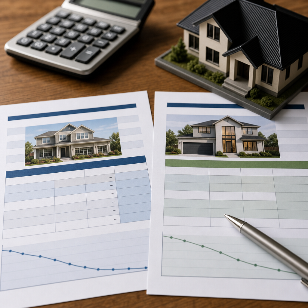 Close-up photo of two loan rate quote sheets side-by-side on a table with a calculator and a house m