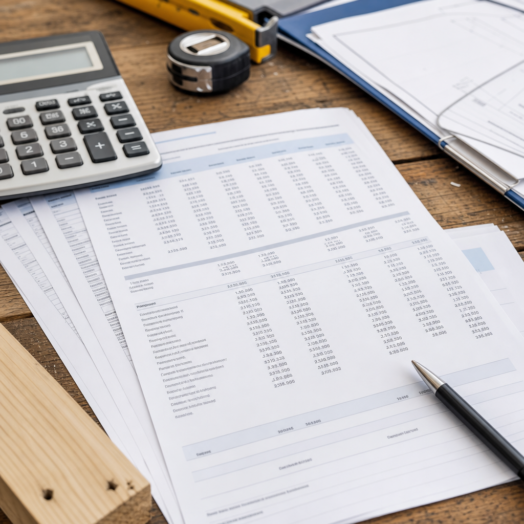 Close-up photo of a lender quote and settlement statement laid out on a workbench beside contractor