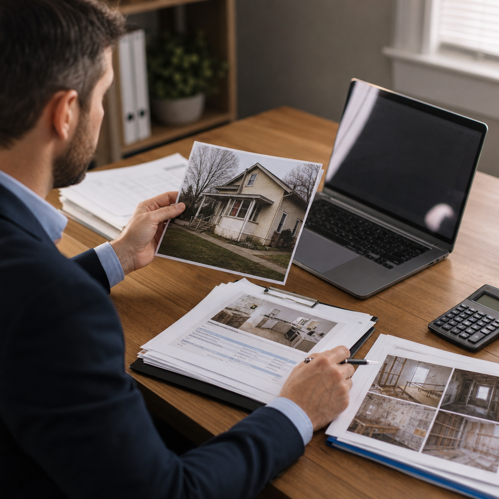 Photo realistic image of a loan underwriting scene: a lender reviewing an appraisal report and rehab