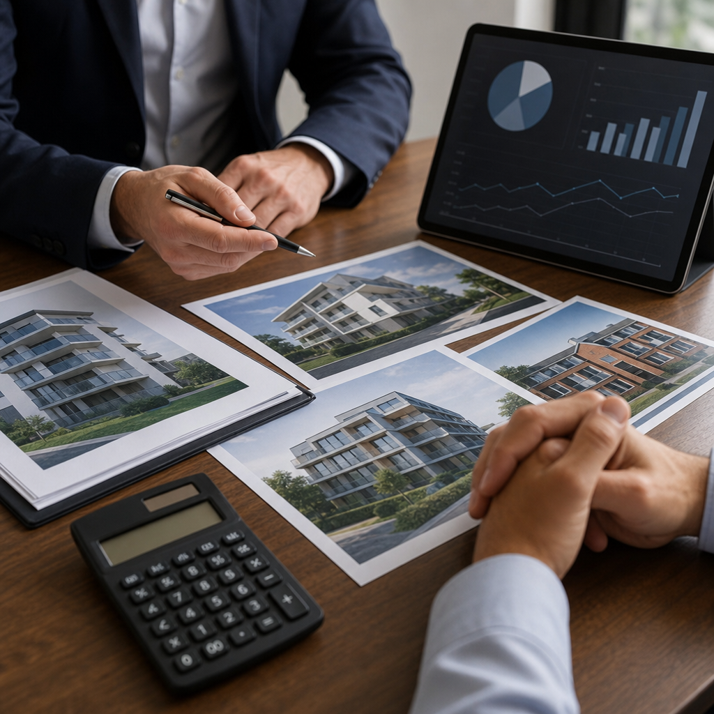 Photo realistic image of an investor and private lender at a table with property photos, an appraisa