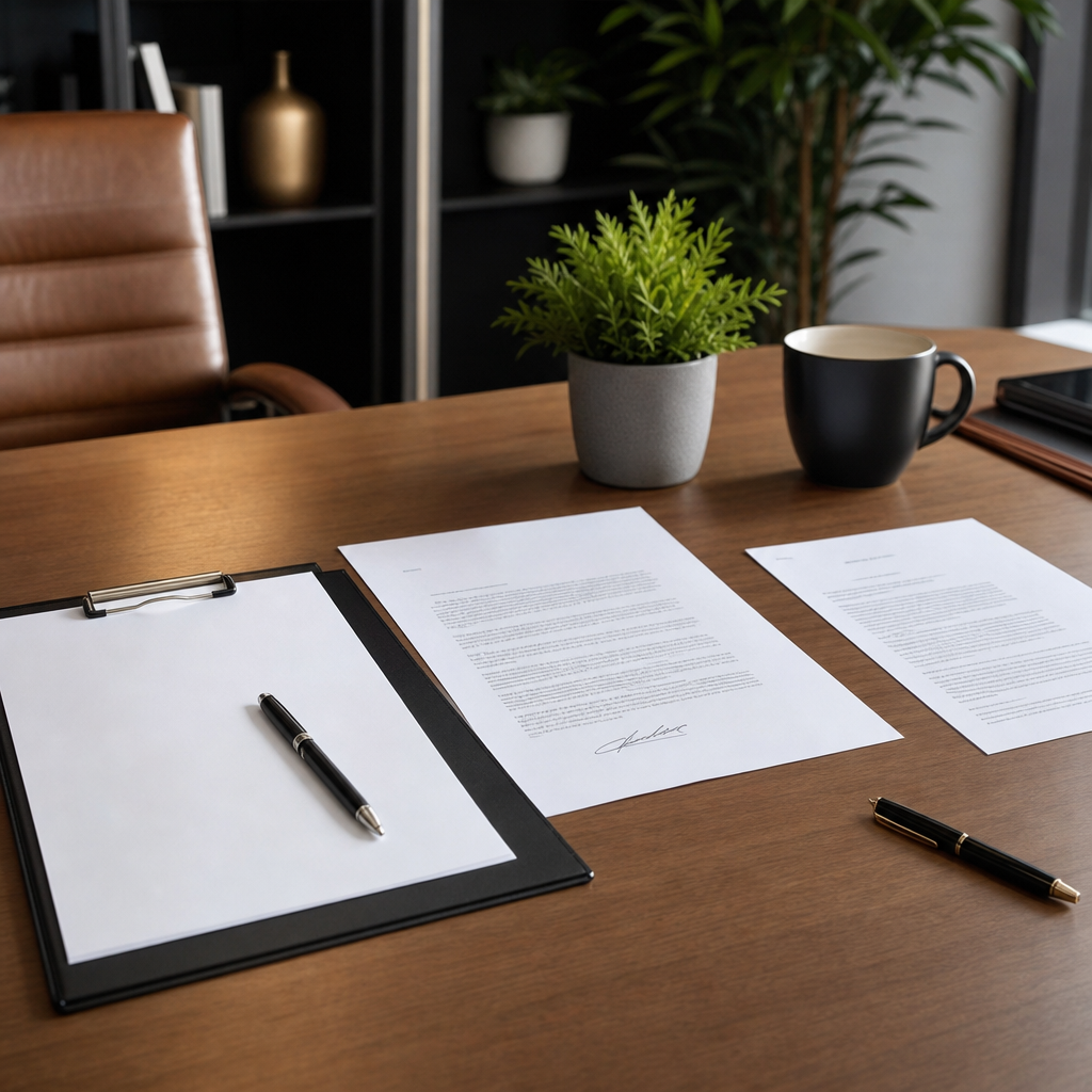 A clean one page real estate offer letter on a clipboard beside a signed purchase agreement and a pr