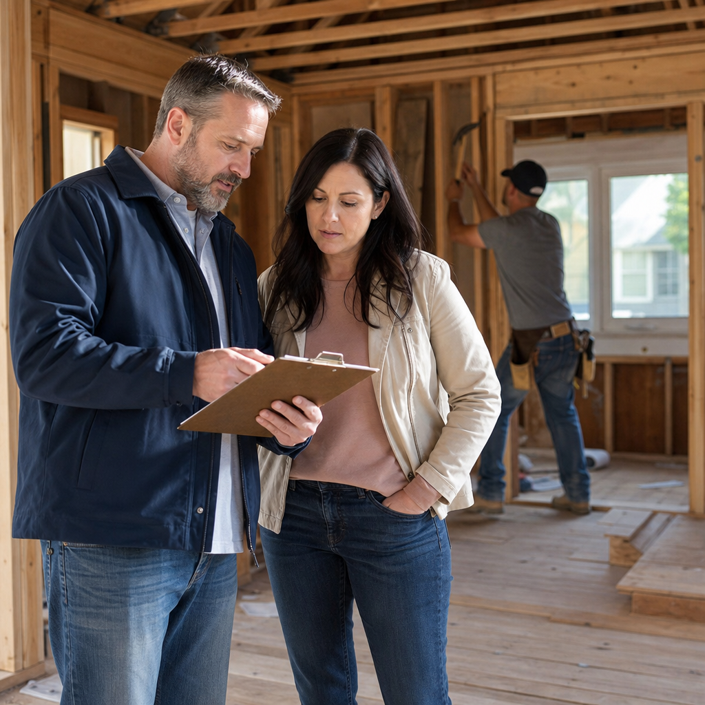 Construction inspector and borrower reviewing progress on a suburban rehab property with visible fra