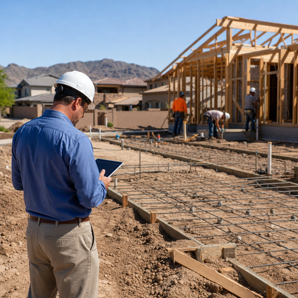 Photo realistic image of a mid-construction single-family spec home in a Phoenix-style neighborhood