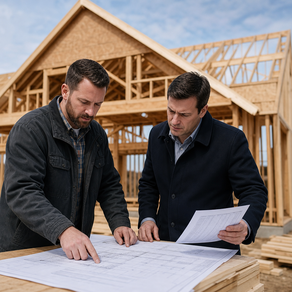 Photo realistic image of a builder and private lender reviewing construction plans and a cost spread