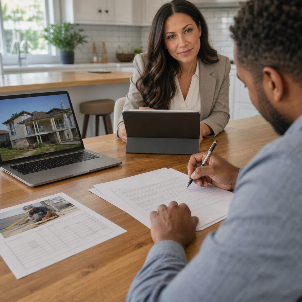 Photo realistic image of an investor signing loan documents at a kitchen table with a laptop showing