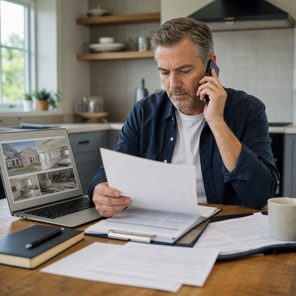 Investor at a kitchen table assembling loan documents, laptop open to property photos and contractor