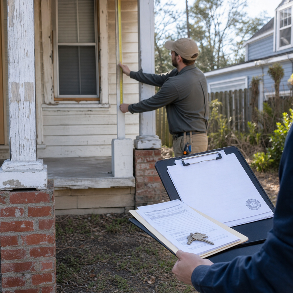 Photo realistic image of a distressed single-family home in Tampa Heights with a contractor measurin