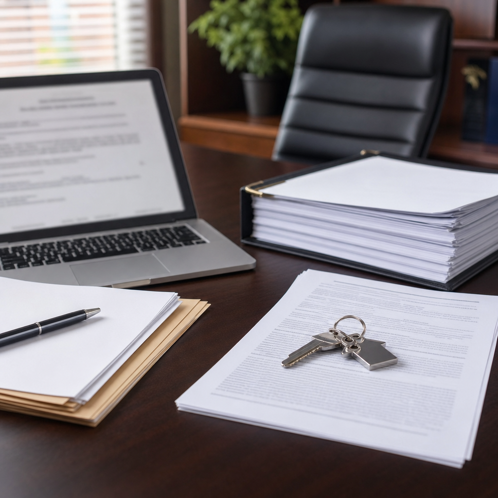 A professional title closer's desk with a laptop showing a conditional loan commitment, stacks of si