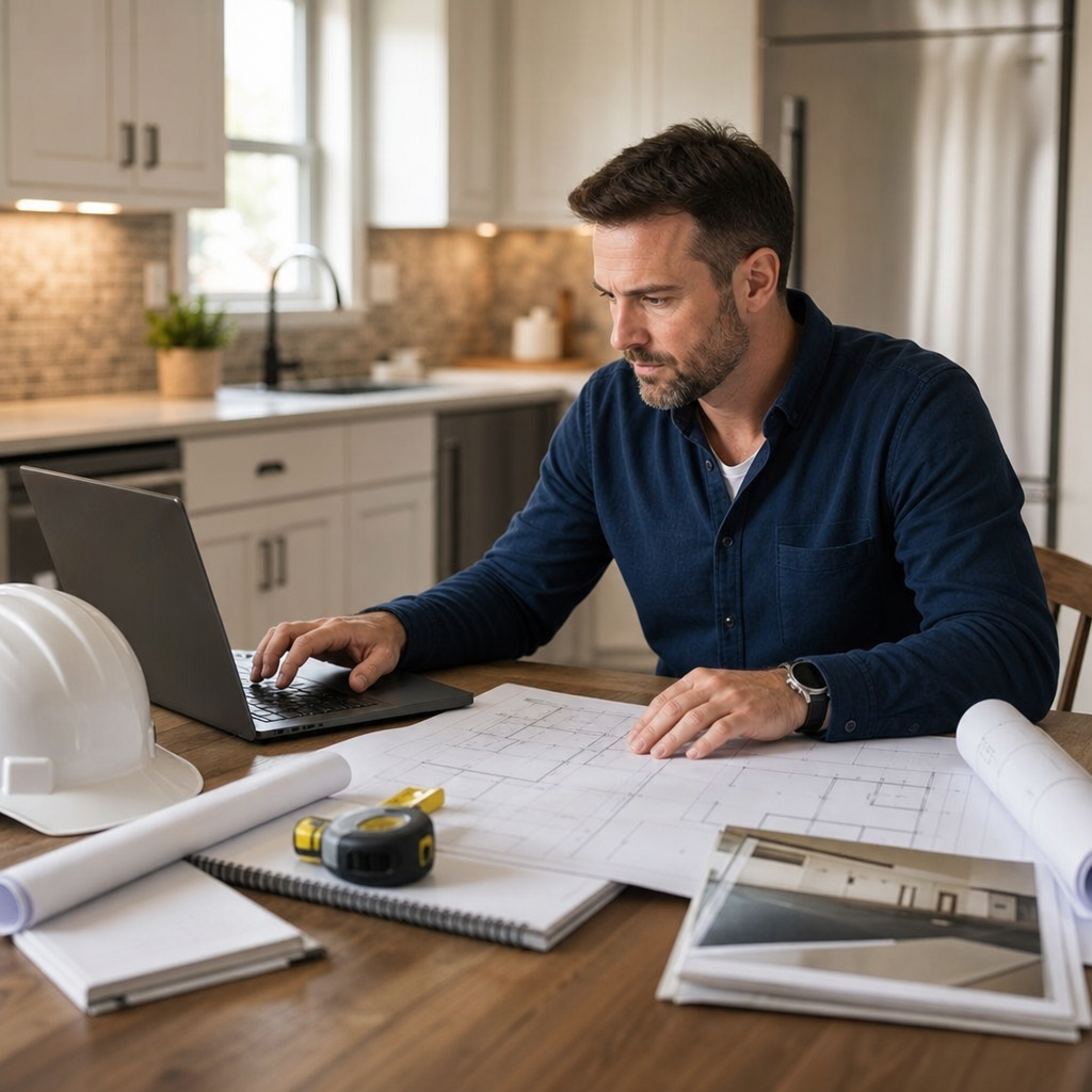 Photo realistic image of a real estate investor at a kitchen table with renovation plans, a laptop s