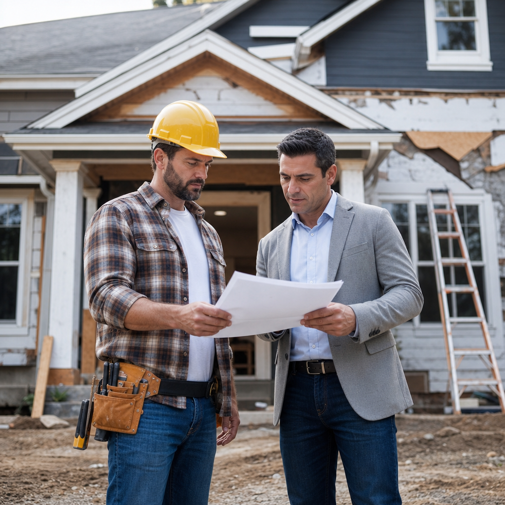 Contractor on site reviewing builder's risk insurance paperwork with a real estate investor in front