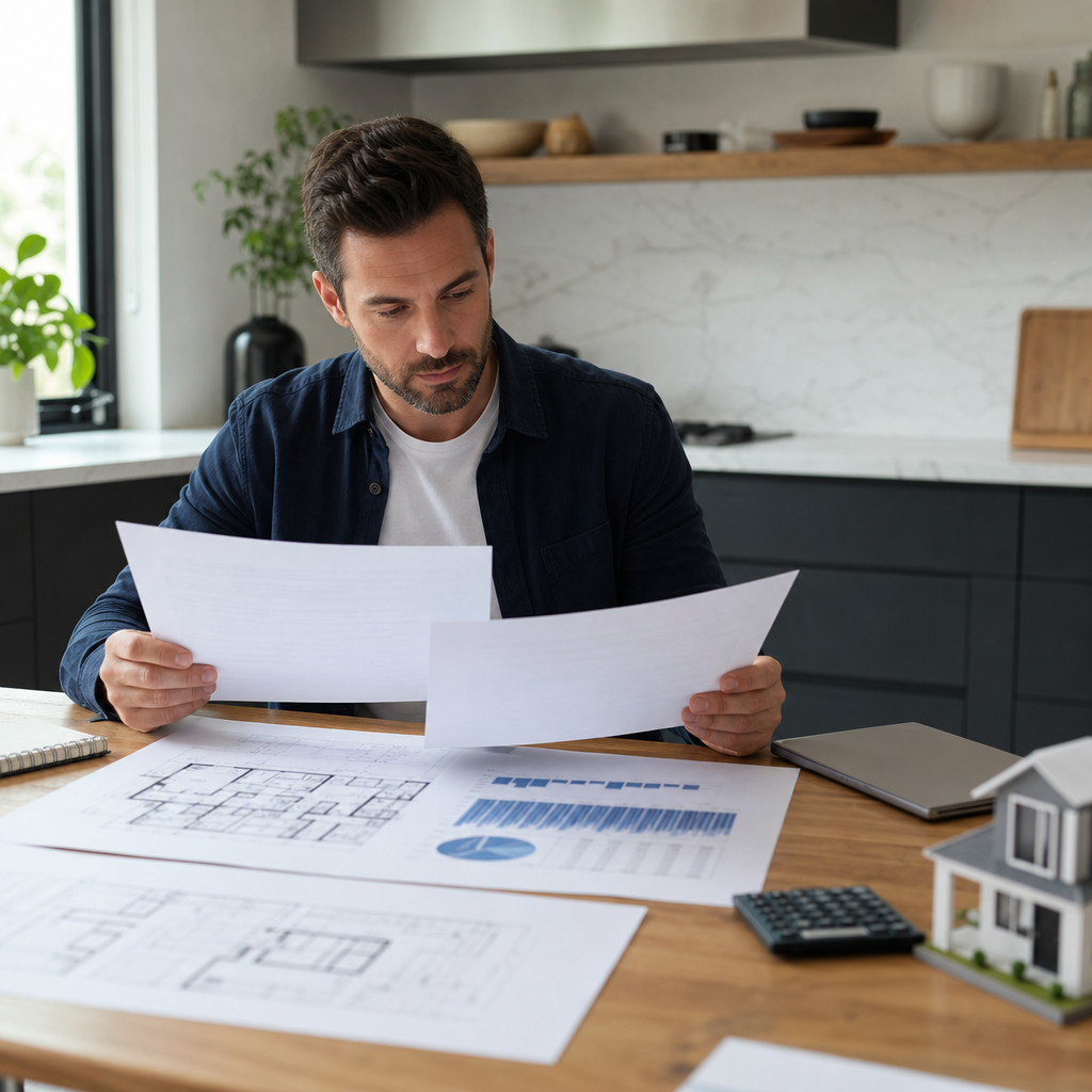 Professional photo of a real estate investor at a kitchen table comparing two loan offers, spreadshe
