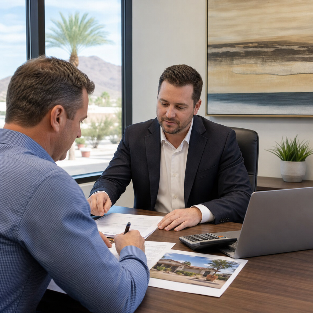 Photo realistic image of an investor and a hard money lender at a small Phoenix office reviewing clo