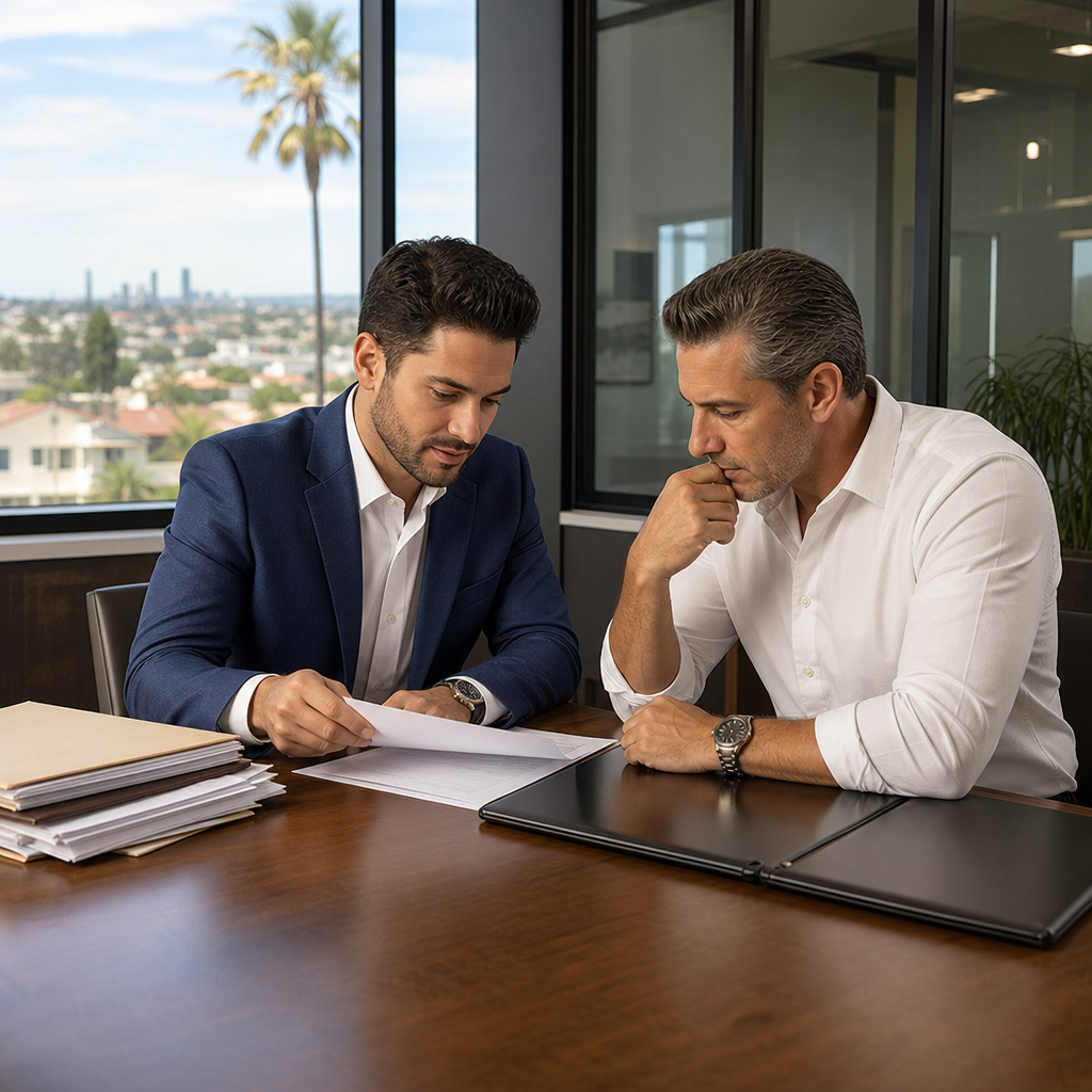 Photorealistic image of a real estate investor and a private lender reviewing loan documents at a ti