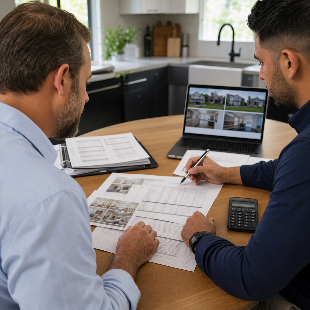 Close-up photo of a lender and investor reviewing a printed loan worksheet and rehab budget at a kit
