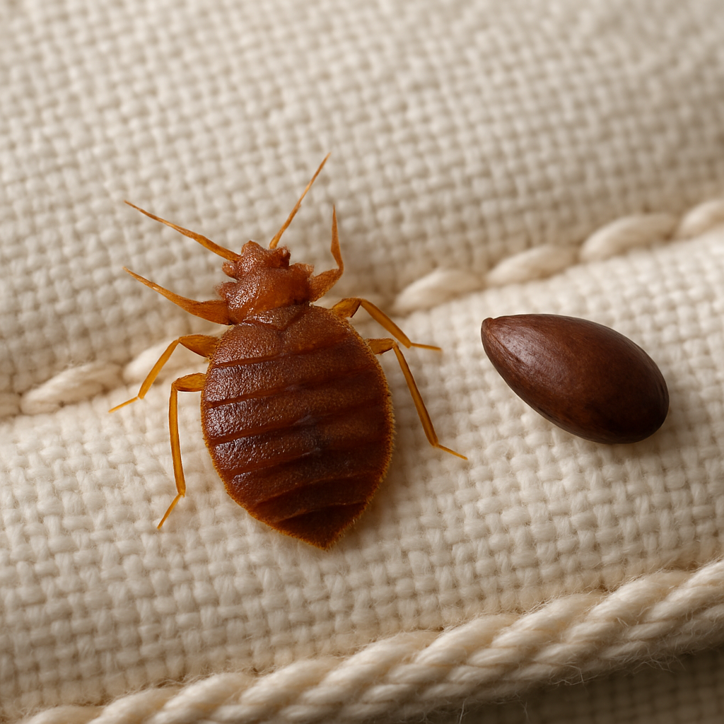 A close-up view of a bed bug on a mattress seam, highlighting its reddish-brown color and size compared to an apple seed