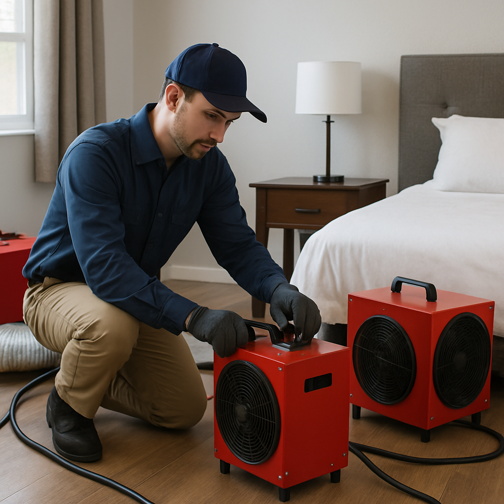 A pest control technician setting up high-tech heaters in a bedroom to treat bed bugs with thermal heat