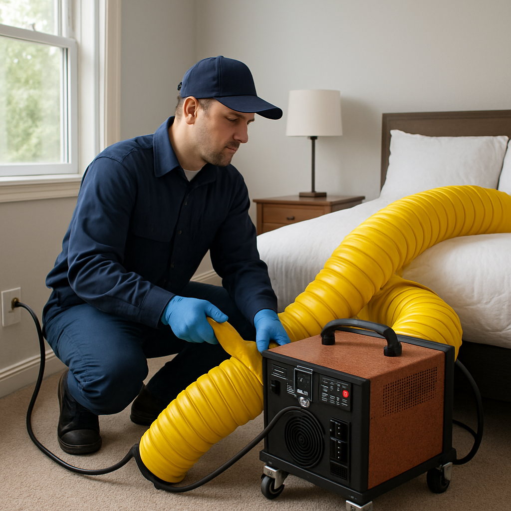 A professional pest control technician using thermal heat treatment equipment in a residential setting