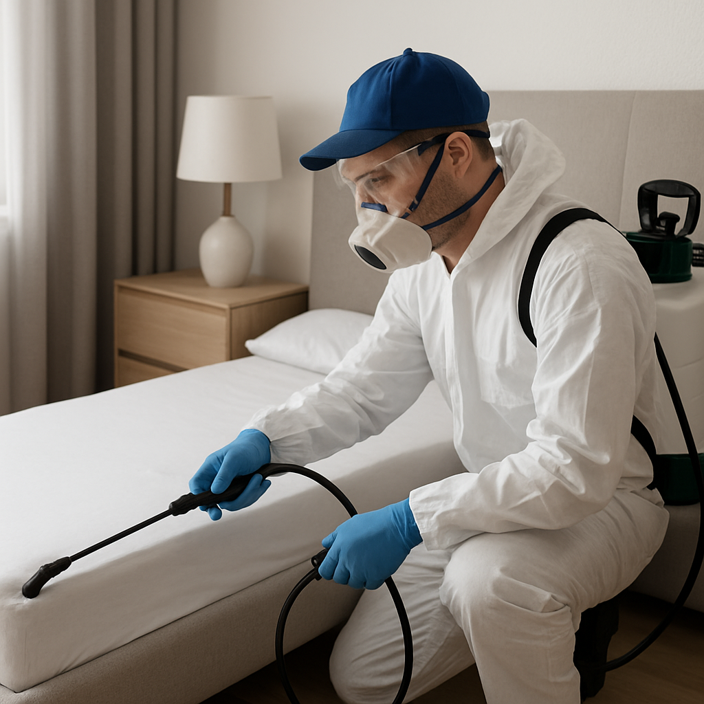 A professional pest control technician applying chemical solutions for bed bug extermination in a modern home setting